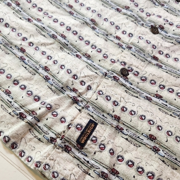 WOOLRICH Mens L Rod & Bouy Short Sleeve Button Down Camp Shirt Outdoor Fishing - Picture 3 of 8